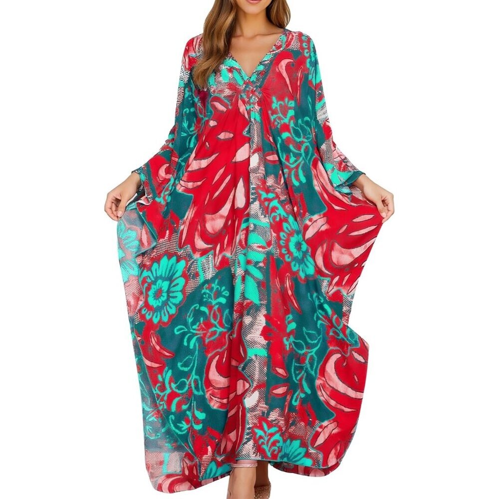 Women Red Blue Leave V-neck Batwing Sleeve Flowy Split Hem Bohemian Kaftan Dress